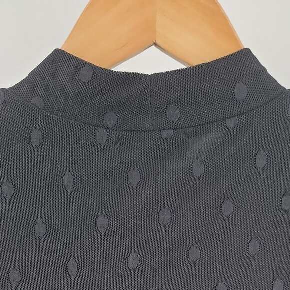 Evereve Black Ruched Mesh Dot Top | Sheer Sleeve Mock Neck | Size Small - Picture 6 of 12